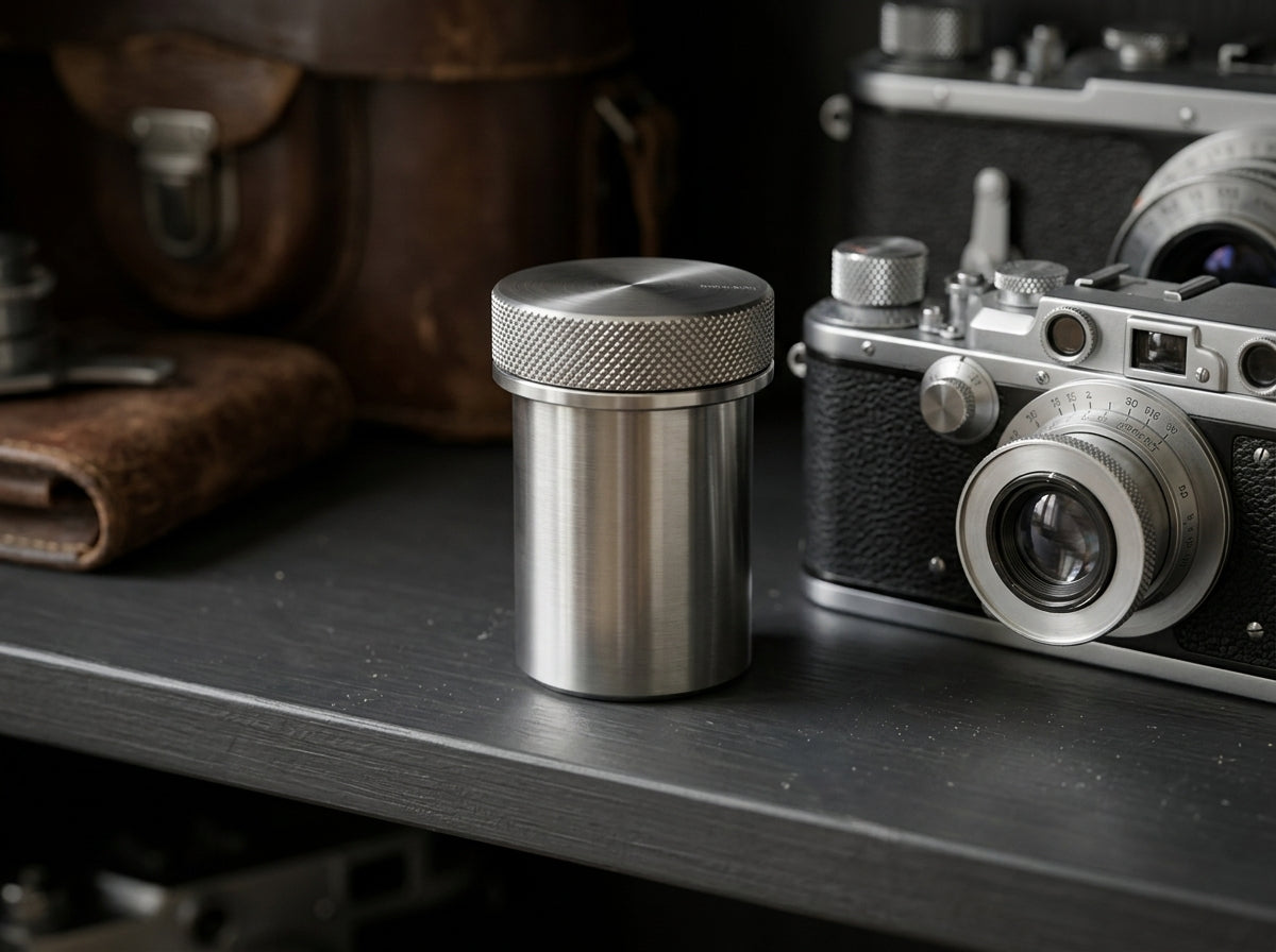 CANISTER 135 beside a metal camera on a shelf