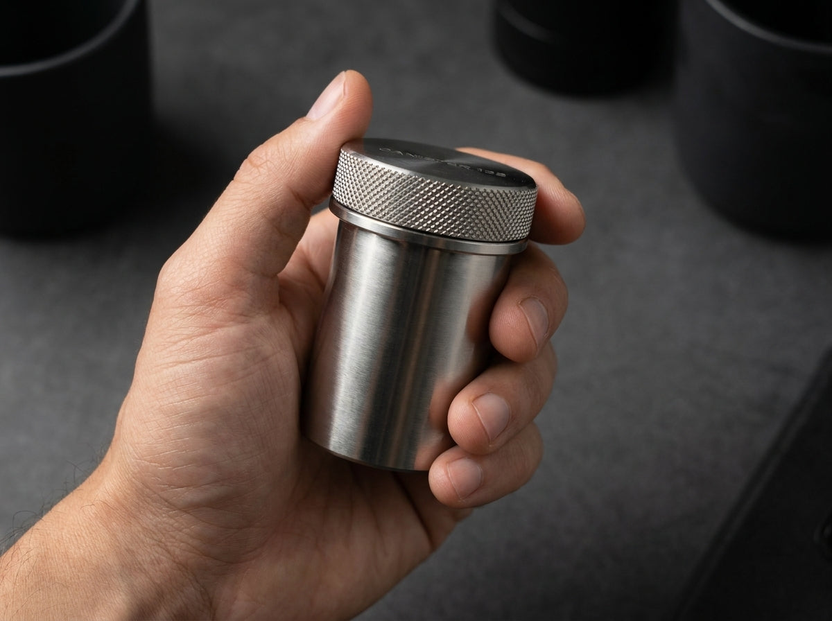 CANISTER 135 stainless steel film canister held in hand showing scale and knurled cap