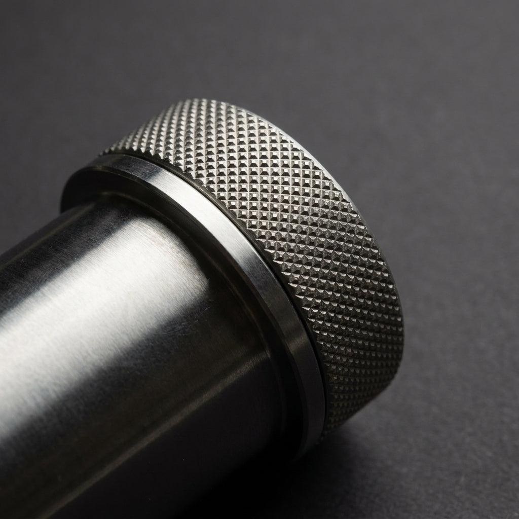 Macro detail of the diamond-knurled stainless steel cap