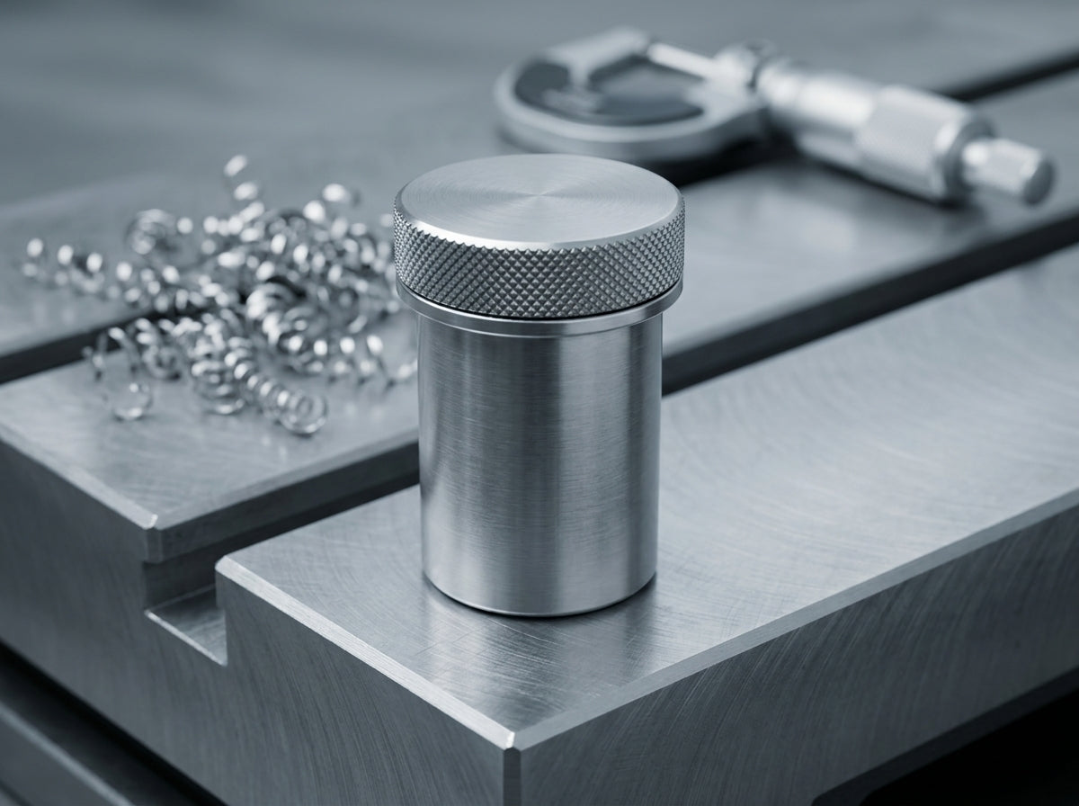 CANISTER 135 machined stainless steel film canister on a dark surface
